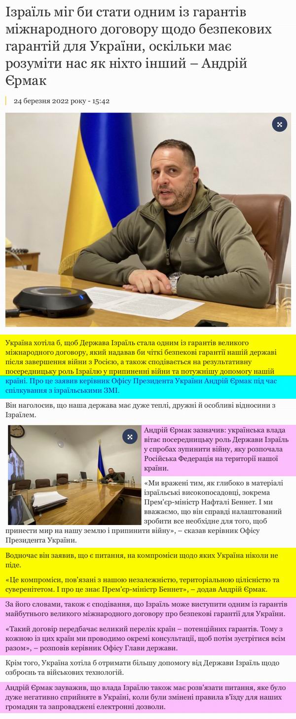 ОПУ Єрмак 2022-03-24 про Ізраїль
